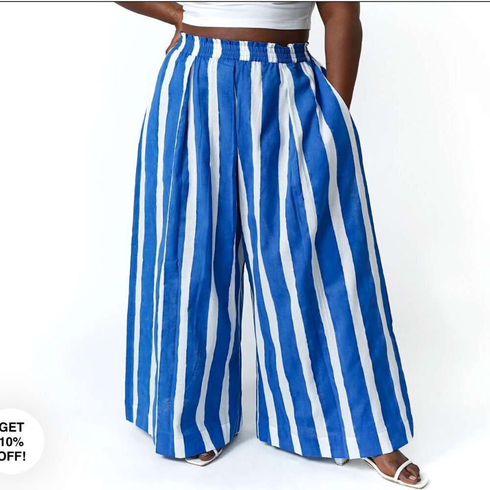 NORBLACK NORWHITE Kickback Pants Block Print Blue Stripe Wide Leg XS Unisex $180